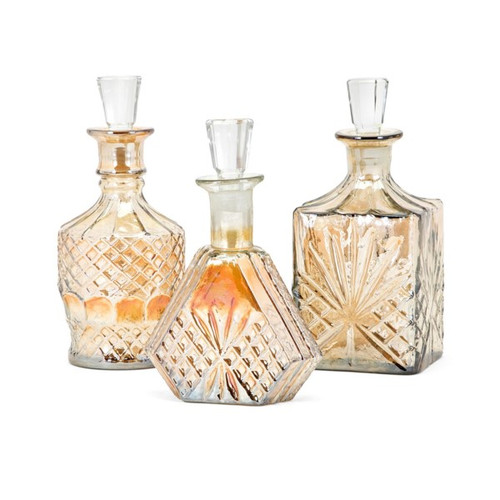 Set of 3 Transparent and Beige Distressed Bottles with Tapered Shape Stoppers 9.5" - IMAGE 1