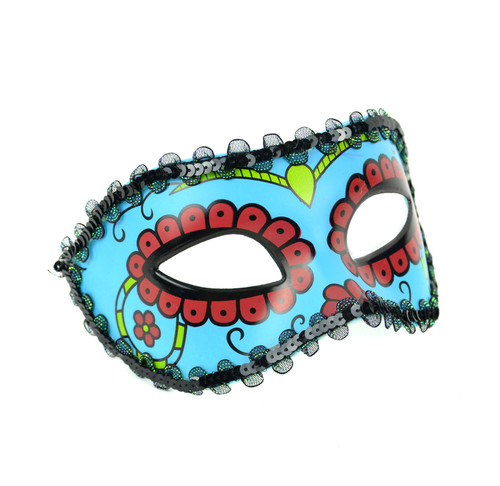 7" Blue and Red Day of the Dead Half Mask - IMAGE 1