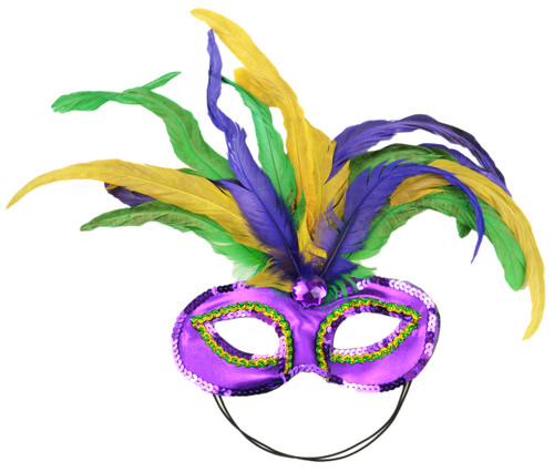 7.5" Purple Mardi Gras Mask with Feathers on Top - IMAGE 1