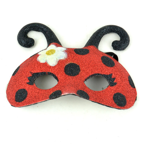 8" Red and Black Glitter Lady Bug Mask with White Daisy Flower - IMAGE 1