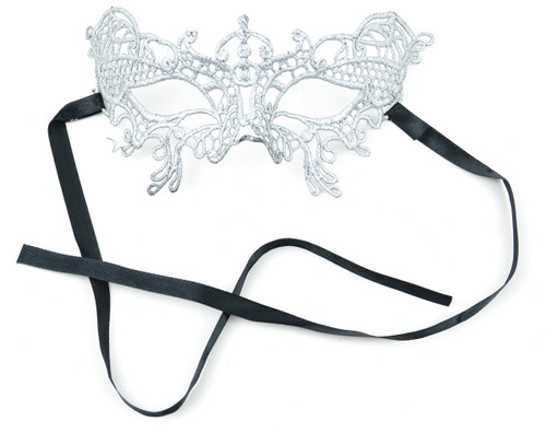 7” Silver Colored Fitted Lace Half Mask with Ribbon Ties - IMAGE 1