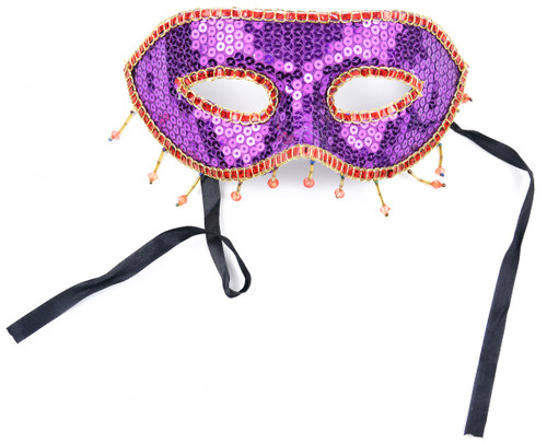 7.5" Purple and Red Designer Half Mask with Bead Dangles - IMAGE 1