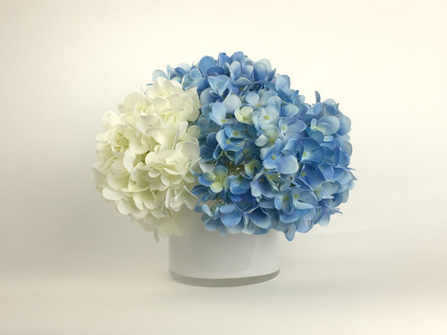 9.5" French Blue and White Artificial Silk Floral Arrangement in White Vase - IMAGE 1