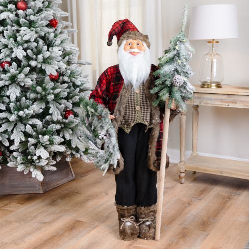 Plaid Standing Santa with Wreath & Alpine Tree Christmas Figure - 4' - IMAGE 1