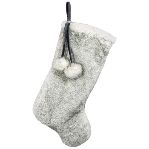 Silver Fox Faux Fur Christmas Stocking with Pom Poms - 20.5" - IMAGE 1