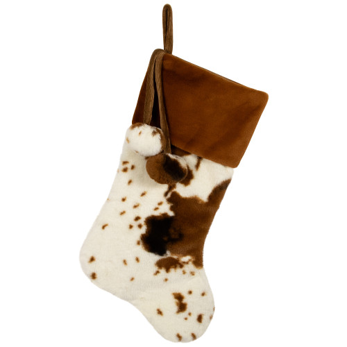 Plush Cowhide Inspired Christmas Stocking with Pom Poms - 20.5" - Brown - IMAGE 1