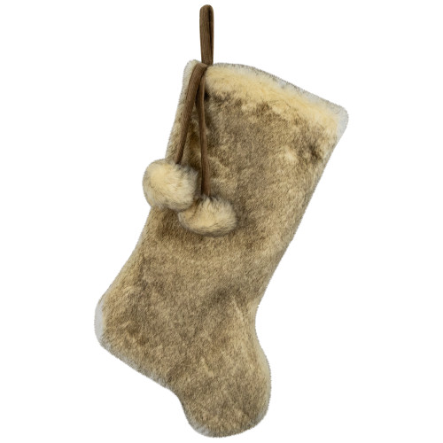 Faux Fur Christmas Stocking with Pom Poms - 20.5" - Beige and Brown - IMAGE 1