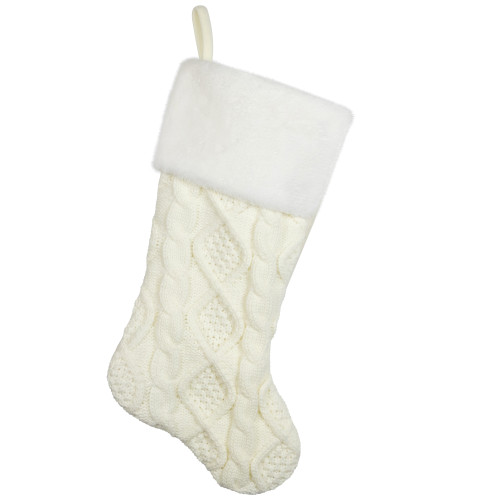 Cable Knit Christmas Stocking with Faux Fur Cuff - 20.5" - Cream and White - IMAGE 1