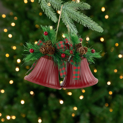 Bells with Pine Sprigs and Bow Christmas Ornaments- 7" - Red - Set of 2 - IMAGE 1