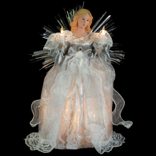 Lighted Angel with Candle Christmas Tree Topper - 10.5” - Silver - Clear Lights - IMAGE 1