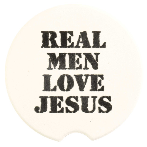 Real Men Love Jesus Car Coasters - 2.5" - White and Black - Set of 2 - IMAGE 1