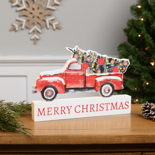 Pickup Truck Merry Christmas Wooden Decoration - 9" - IMAGE 1