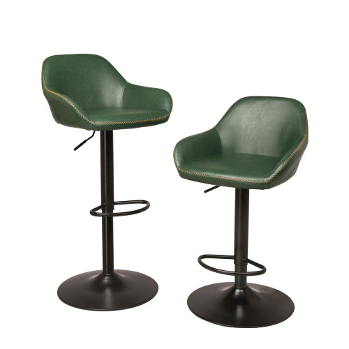 Set of 2 Green and Black Mid-Century Modern Vintage Leatherette Gaslift Adjustable Swivel Bar Stool 42.72" - IMAGE 1