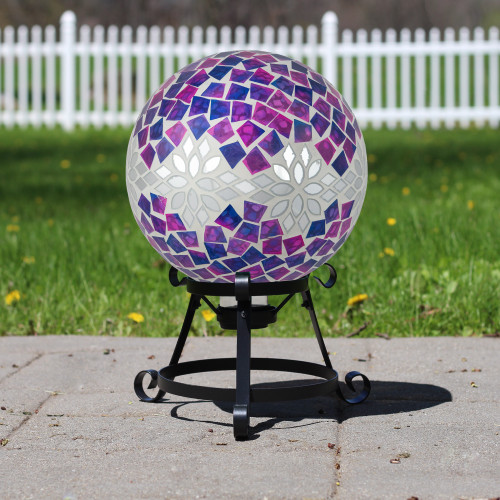 Mosaic Floral Outdoor Garden Gazing Ball - 10" - Purple, Pink and Silver - IMAGE 1
