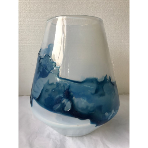 10" White and Blue Hand Blown Glass Vase - IMAGE 1