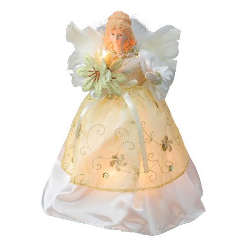 9.5" Ivory and Gold Angel with Poinsettia Christmas Tree Topper - Clear Lights - IMAGE 1