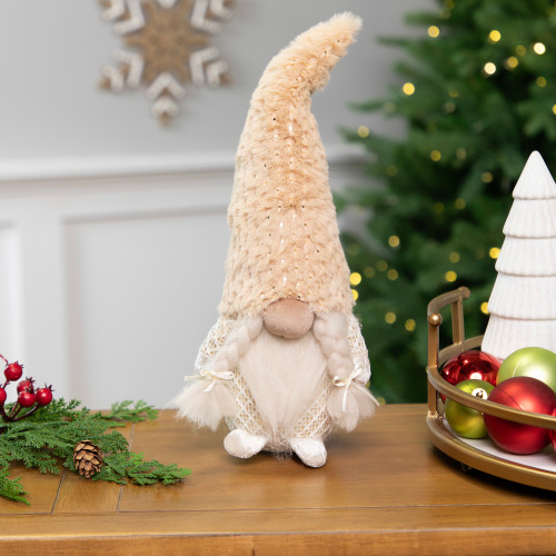 Girl Gnome in Faux Fur Hat Christmas Figure - 12" - Beige - IMAGE 1