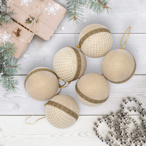 Mesh and Ribbon Christmas Ball Ornament - 4" - Gold - Set of 6 - IMAGE 1