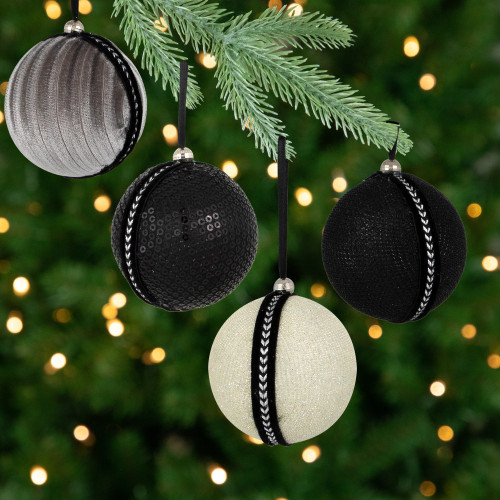 Sequined and Textured Christmas Ball Ornaments - 2.75" - Black - Set of 4 - IMAGE 1