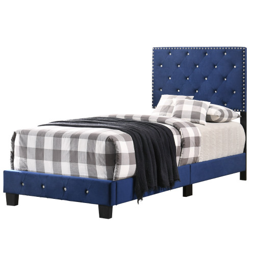 Velvet Upholstered Tufted Twin Panel Bed - 77" - Blue - IMAGE 1