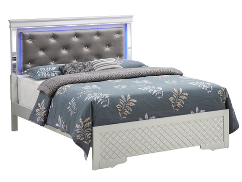 Jewel Tufted Upholstered Panel King Bed with LED Light - 85" - Silver Champagne - IMAGE 1