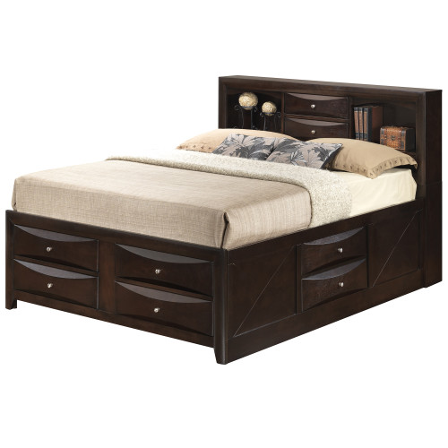 Beveled King Panel Bed with Storage Drawers - 92" - Dark Brown - IMAGE 1