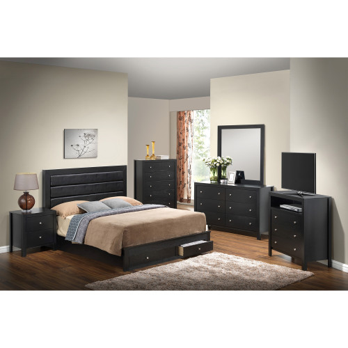 Solid Padded Upholstered Panel King Bed with Drawers - 87" - Black - IMAGE 1