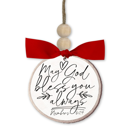 Rustic Tree "God Bless" Christmas Disc Ornament - 3.5" - Beige and Red - IMAGE 1