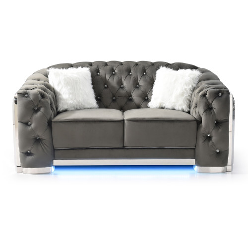 Button Tufted Flared Arm Velvet Straight Sofa with LED Lights - 71" - Gray - IMAGE 1