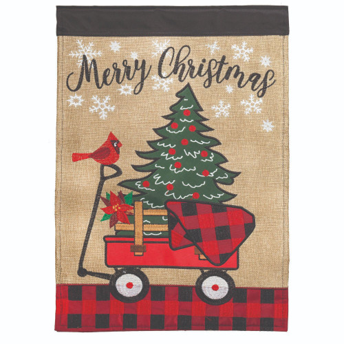 Merry Christmas Red Wagon with Tree Double Applique Outdoor Garden Flag 18" x 13" - IMAGE 1