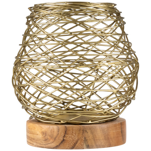 Small Woven Iron Votive Candle Holder with Wooden Base - 6.25" - Brass Finish - IMAGE 1