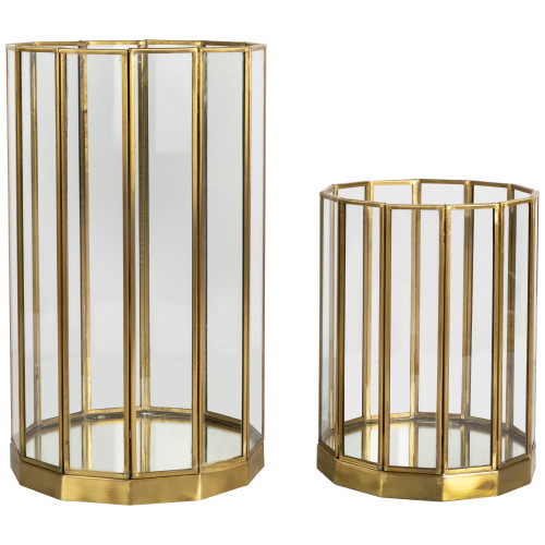 Glass Hurricane Mirrored Pillar Candle Holders - 11.75" - Brass Finish - Set of 2 - IMAGE 1