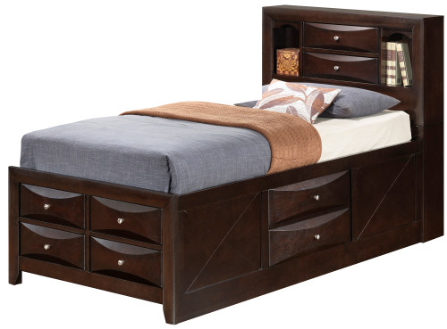 Wooden Panel Twin Bed with Drawers and Shelves - 87" - Brown - IMAGE 1