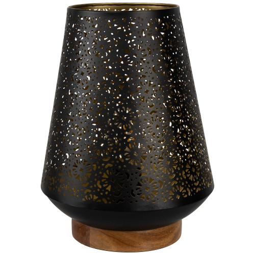 Floral Laser-Cut Table Iron Lamp With Wooden Base - 10.75" - Black - IMAGE 1