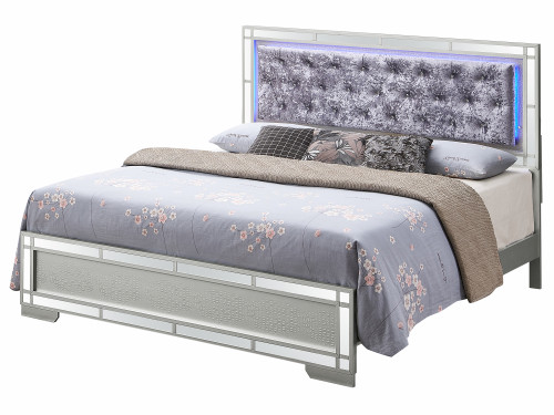 LED Lighted Velvet Tufted Full Panel Bed - 79" - Silver Champange Finish - IMAGE 1
