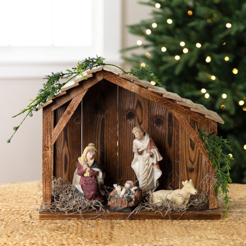 Wooden Christmas Nativity Stable - 15.25" - Brown - IMAGE 1