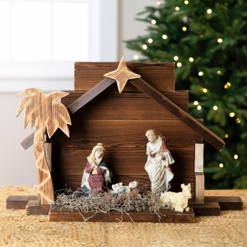 Wooden Nativity Stable with Star and Palm Tree - 22" - IMAGE 1