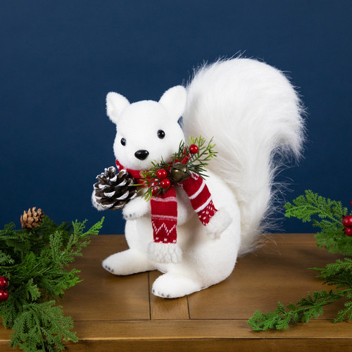 Winter Squirrel with Pinecone and Bell Christmas Figurine - 9" - White - IMAGE 1
