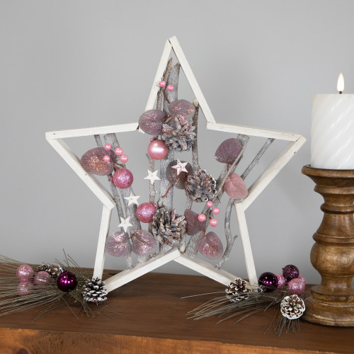 Ornaments and Pinecones Star-Shaped Birch Wood Christmas Decoration - 14.5" - IMAGE 1