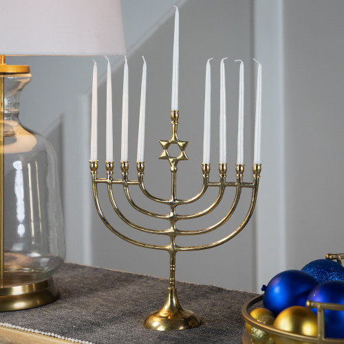 Star of David Smooth Slim Hanukkah Menorah - 12" - Brass - IMAGE 1