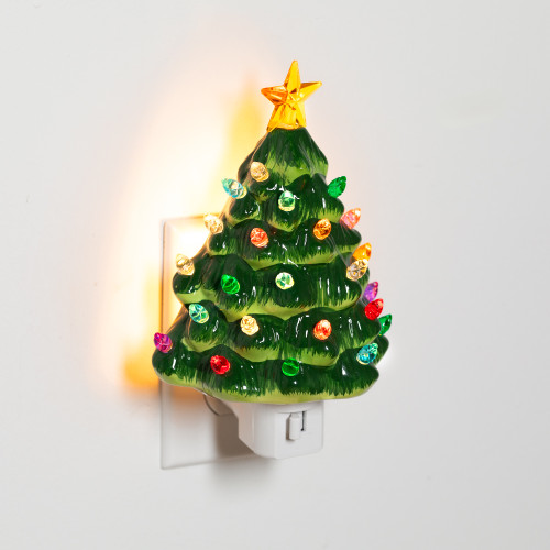 Retro Christmas Tree Ceramic Night Light - 7" - Green - IMAGE 1