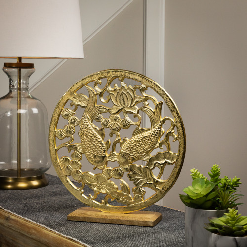 Koi Fish with Lotus Flower Sculpture with Wooden Base - 13.5" - IMAGE 1