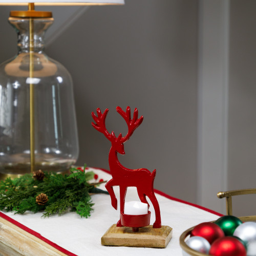 Reindeer Metal Christmas Tealight Holder - 8" - Red - IMAGE 1