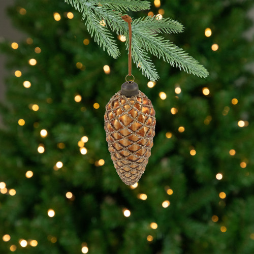 Glittered Pine Cone Glass Christmas Ornaments - 5" - Brown - 4ct - IMAGE 1