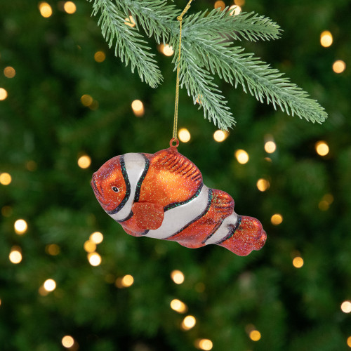 Glittered Clown Fish Glass Christmas Ornament  - 4.75" - Orange and White - IMAGE 1