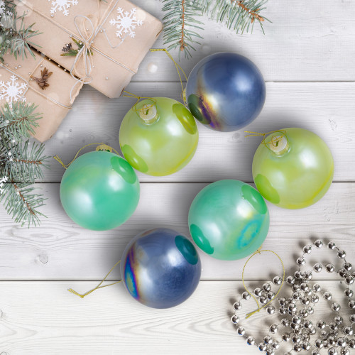 Shiny Glass Ball Christmas Ornaments - 3" (80mm) - Blue, Green and Teal  - 6ct - IMAGE 1