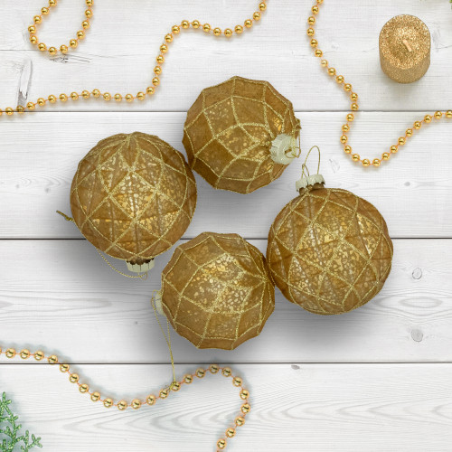 Geometric Glittered Mercury Glass Ball Christmas Ornaments - 3" (80mm) - Gold  - 4ct - IMAGE 1