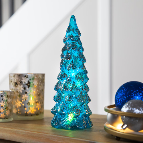 LED Lighted Glittered Glass Christmas Tree Decoration - 10.25" - Blue - IMAGE 1