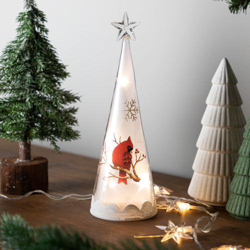 LED Lighted Cardinal and Snowflake Frosted Glass Christmas Cone Tree Decoration  - 9.5" - IMAGE 1