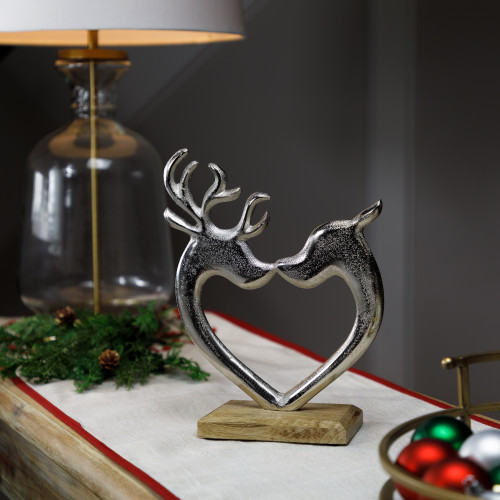 Heart Shaped Kissing Reindeer Metal Christmas Decoration - 10" - IMAGE 1